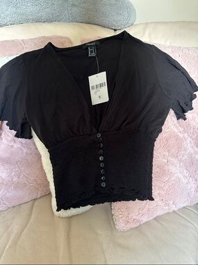 Forever 21 Black Smocked Button-Front V-Neck Crop Top
